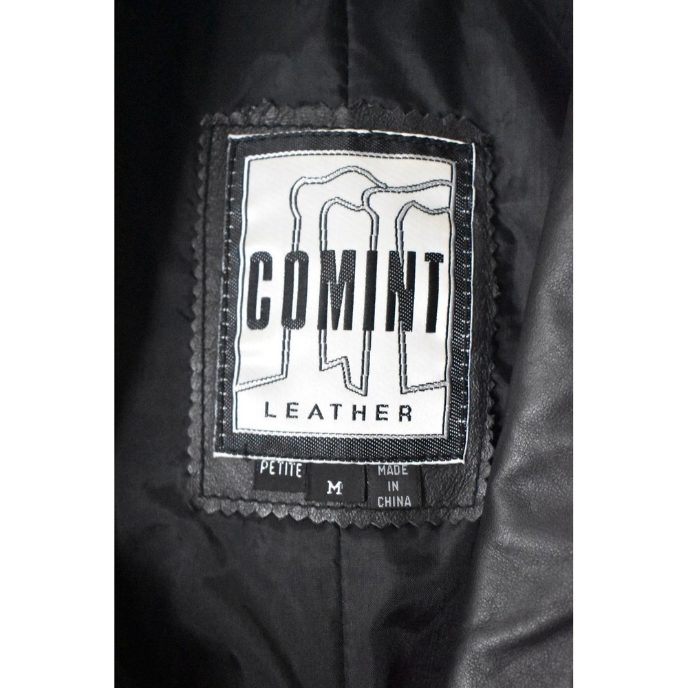 Comint Leather Trench Coat Womens Petite M Black 80s Shawl Collar Long Jacket - Picture 9 of 10